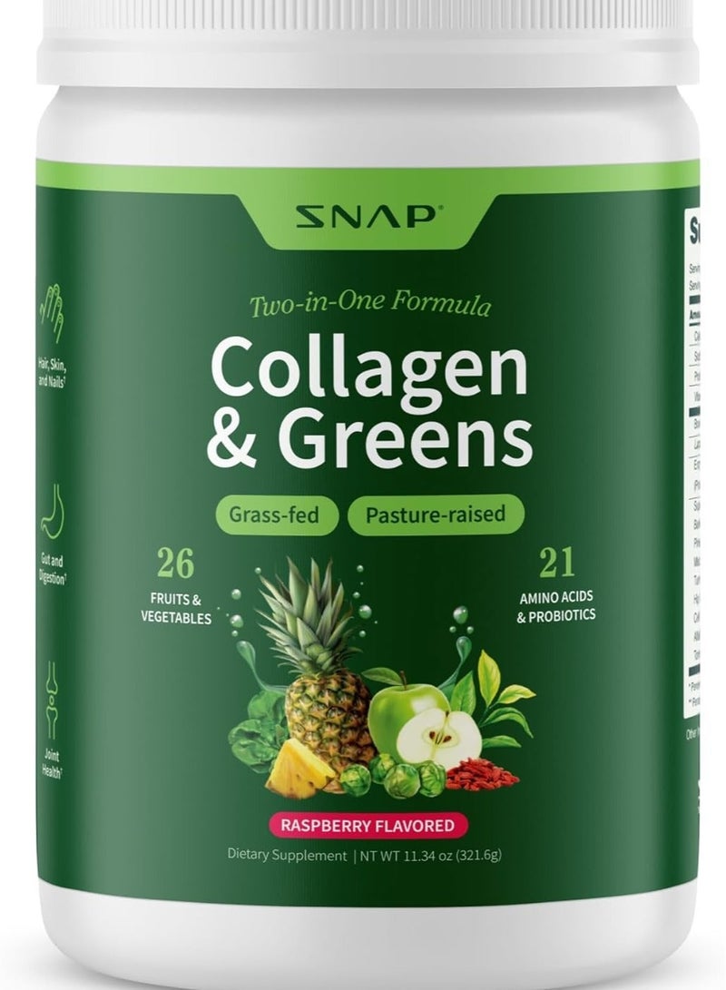 SNAP SUPPLEMENTS Collagen & Greens, Two-in-One Formula, Grass-fed, Pasture-raised, 26 Fruits & Vegetables, 21 Amino Acids & Probiotics, Raspberry Flavored, Dietary Supplement, Nt Wt. 11.34 Oz 321.6g - Image 1